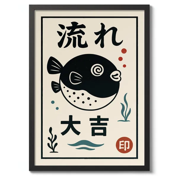 Lucky Pufferfish Japanese Art Print, Black White Fish Poster