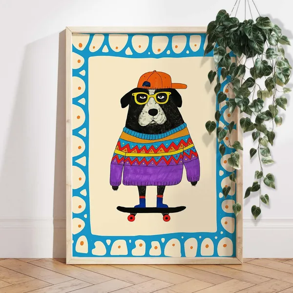 Cool Dog Skateboard Nursery Wall Art, Hipster Animal Print