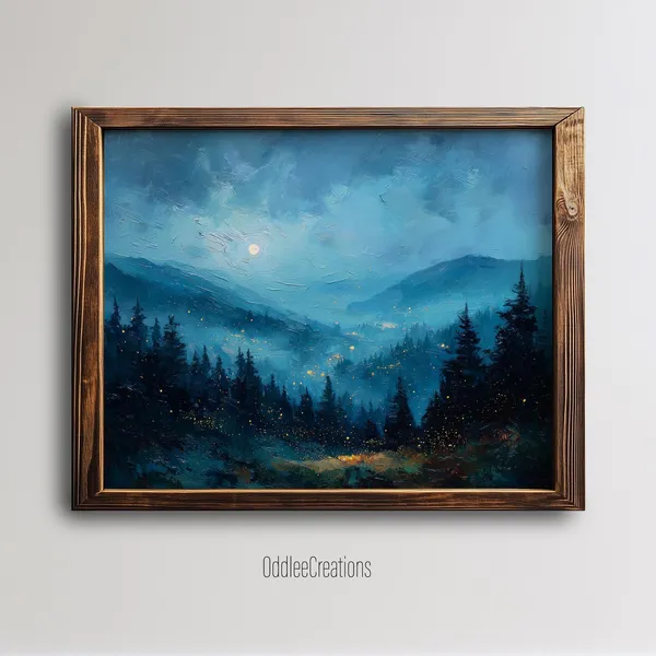 Firefly Moonlit Forest Art Print, Moody Landscape