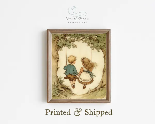 Vintage Children On Swing, Whimsical Nursery Art Print