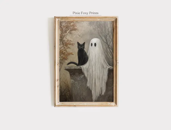 Halloween Black Cat Vintage Spooky Autumn Art Print