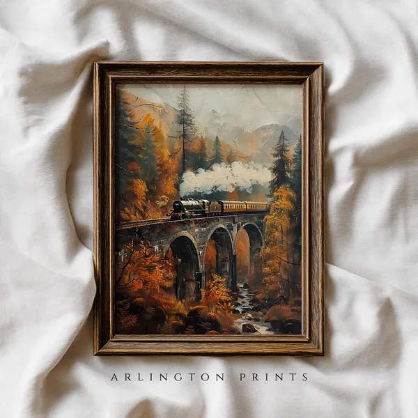 Moody Fall Train Art Print, Vintage Autumn Trees
