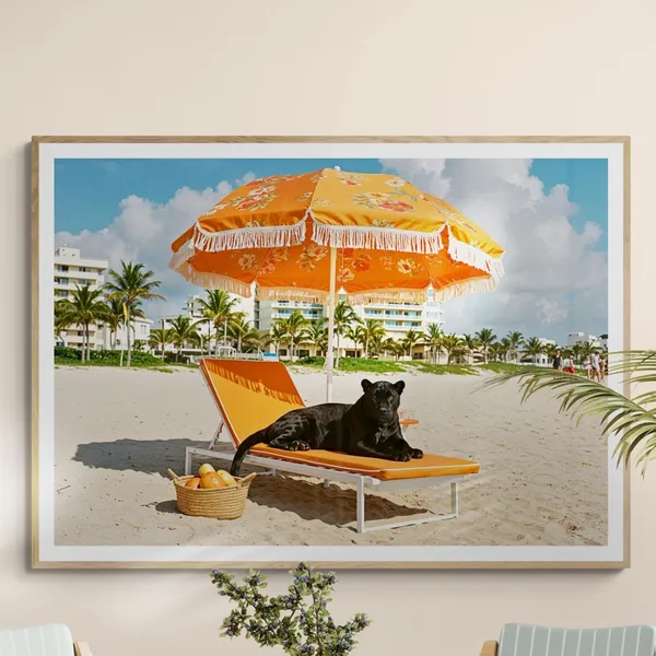 Panther On Beach Print, Black Miami Travel Poster