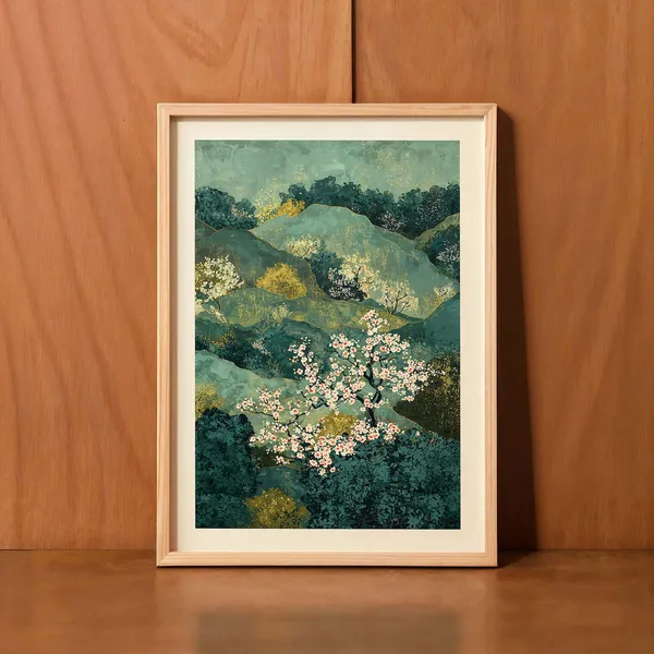Japandi Landscape Poster, Cherry Blossom Mountain