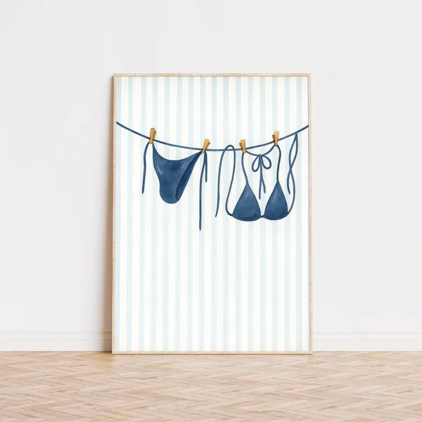 Navy Blue Bikini Print Stripes Beach Poster
