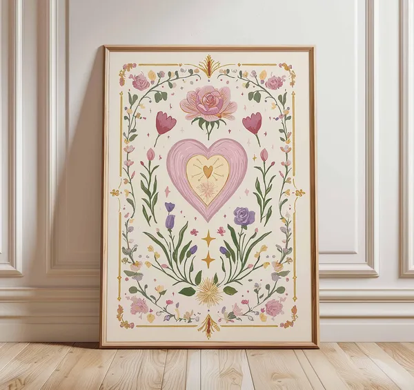Floral Heart Poster, Vintage Botanical Art Print
