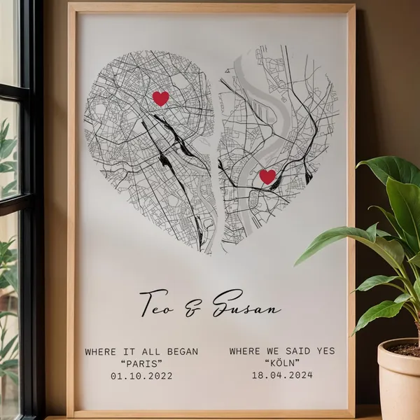 Personalized Double Location Map Custom Heart Print