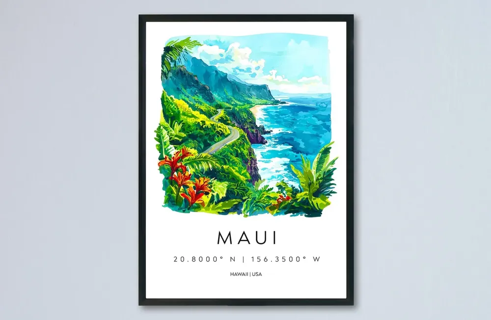 Maui Watercolor Travel Poster, Hawaii Home Decor
