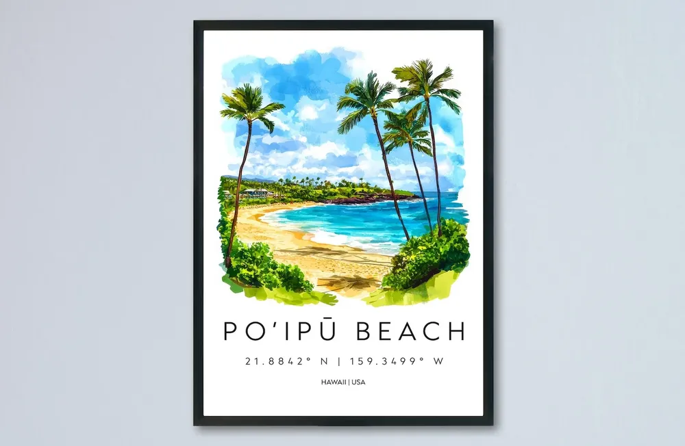 Poipu Beach Watercolor Poster, Hawaii Travel Poster