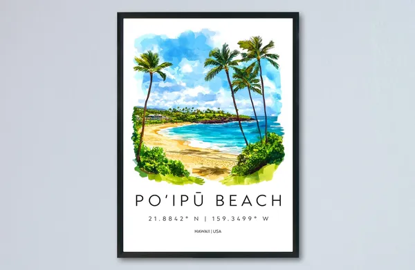 Poipu Beach Watercolor Poster, Hawaii Travel Poster