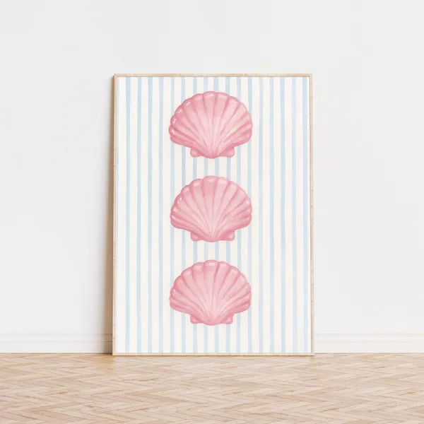 Pink Sea Shells Striped Print, Coastal Wall Art Print