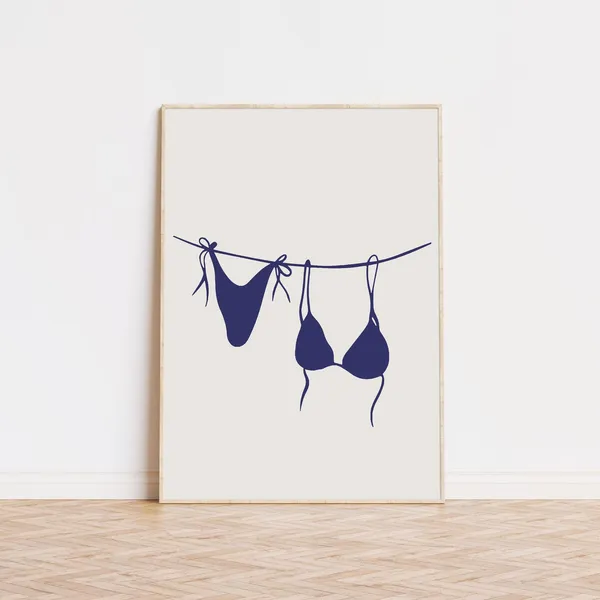 Blue Bikini Beach Bar Cart Art Print, Preppy Decor