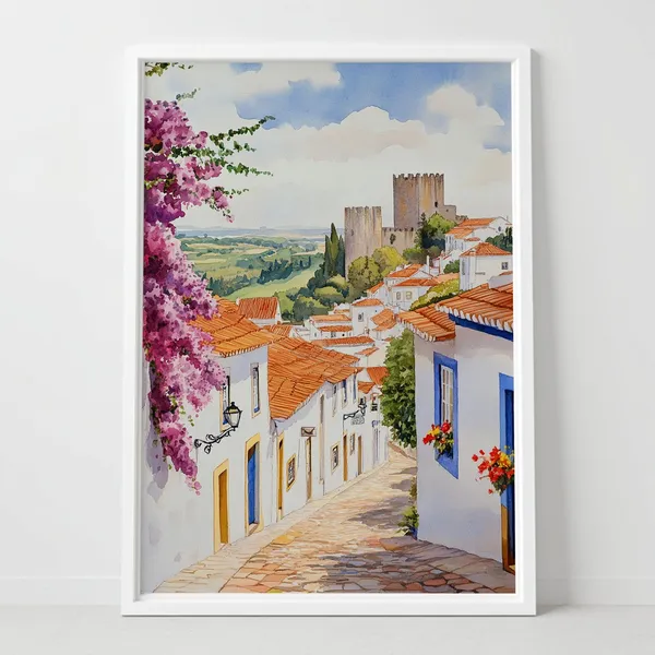 Obidos Portugal Watercolor Art Print, Medieval Village