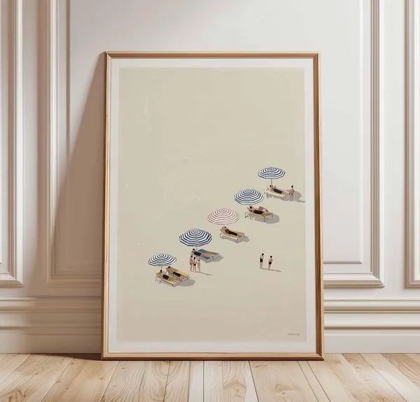 Minimalist Beach Poster Print, Coastal Umbrella Scene