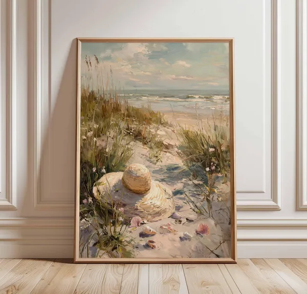 Beach Path Poster, Coastal Straw Hat Art Print