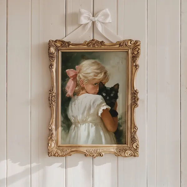 Coquette Girl and Black Cat Victorian Style Art Print