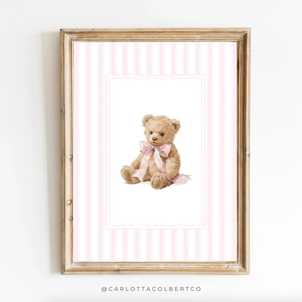 Pink Bear Nursery Art, Vintage Grandmillennial Poster