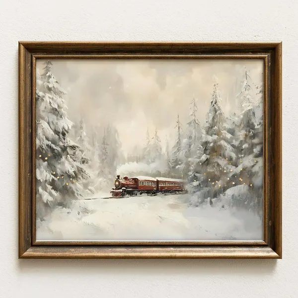 Vintage Christmas Train Winter Snow Landscape Art Print