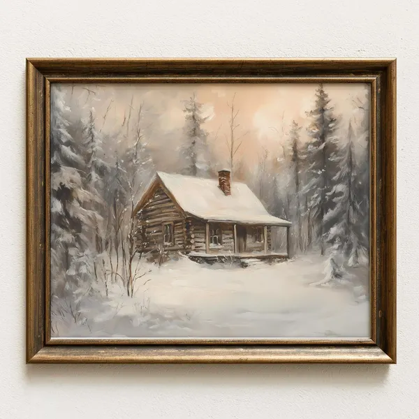 Winter Cabin Rustic Snowy Forest Landscape Art Print