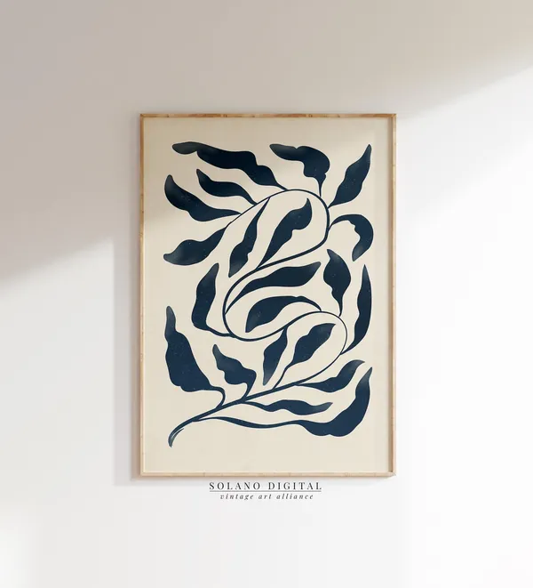 Navy Blue Botanical Leaf Art Print, Modern Boho