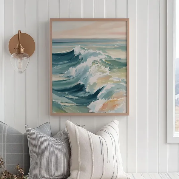 Abstract Coastal Seascape Art Print, Teal Ocean Waves