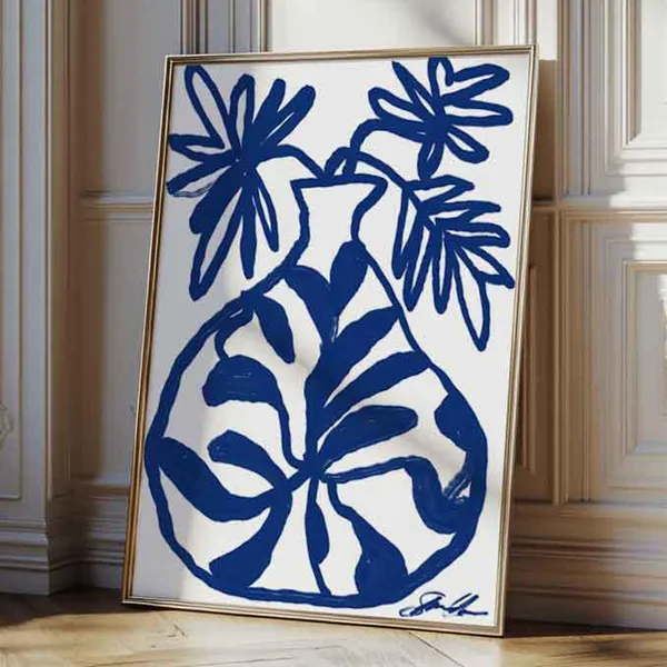 Blue Abstract Vase Art Print, Mid-Century Boho