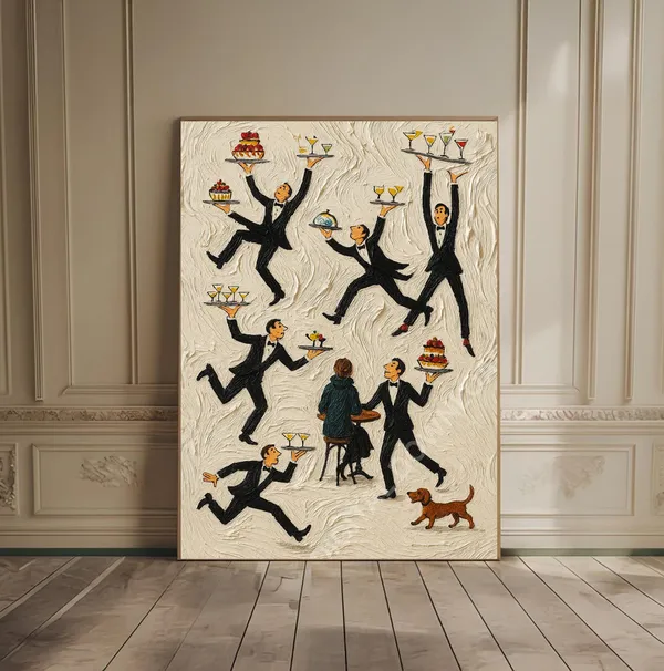 Tiny People Serving In A Restaurant, Vintage Poster