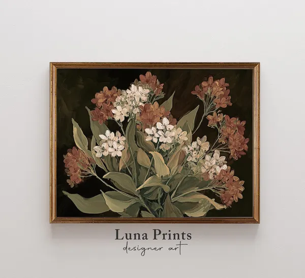 Dark Floral Painting, Vintage Autumn Botanical Art Print