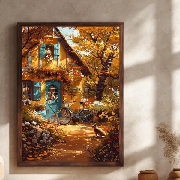 Autumn Cottage Art Print, Rustic Fall Decor