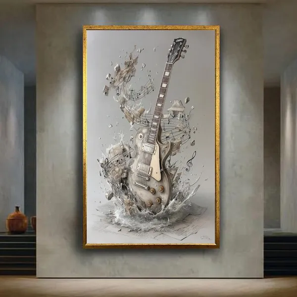 Exploding Guitar Music Notes Art Print, Rock Decor