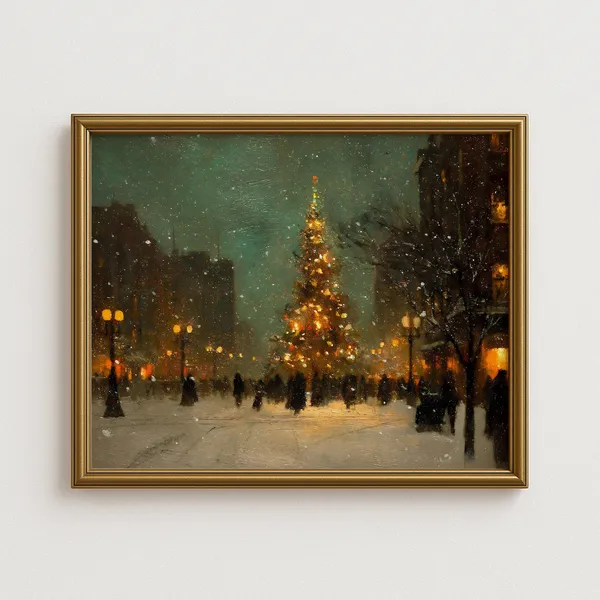 Vintage Christmas Tree Wall Art Print, Winter Cityscape