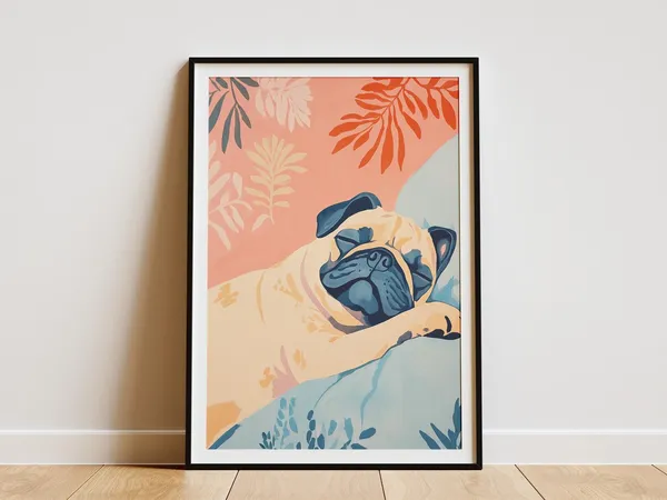 Pug Dog Sleeping Art Print, Modern Matisse Style