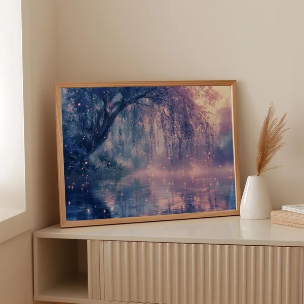 Mystical Willow Tree Art Print, Enchanted Forest Landscape