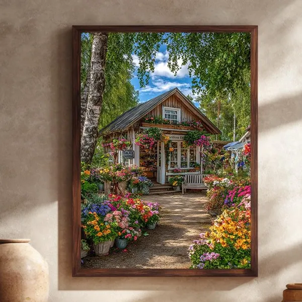 Flower Cottage Art Print, Rustic Floral Garden House
