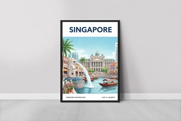Singapore Merlion Vintage Gouache Travel Poster