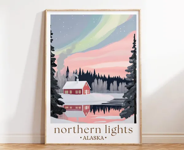 Northern Lights Alaska Travel Poster, Winter Landscape