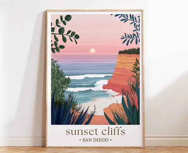 Sunset Cliffs San Diego Illustrated Coastal Travel Poster