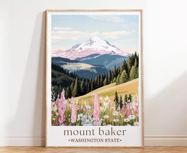 Mount Baker Illustrated Mountain Landscape Art Print