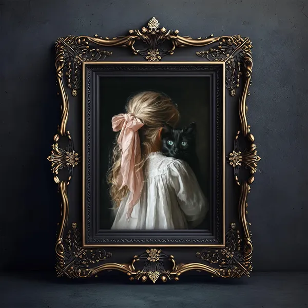 Coquette Girl and Black Cat, Victorian Style Art Print