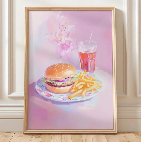 Pastel Burger and Fries Diner Food Art Print