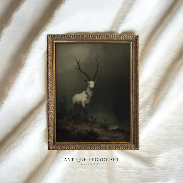 Vintage Gothic White Stag Art Print, Dark Academia