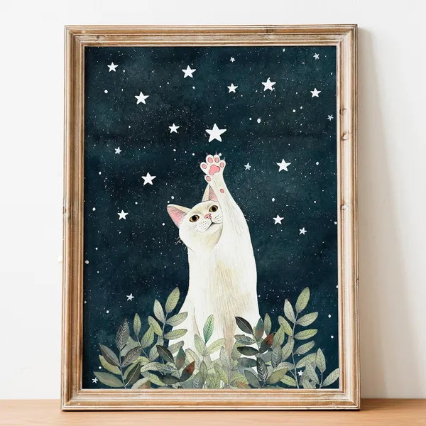 White Cat Poster, Celestial Pet Memorial Art Print