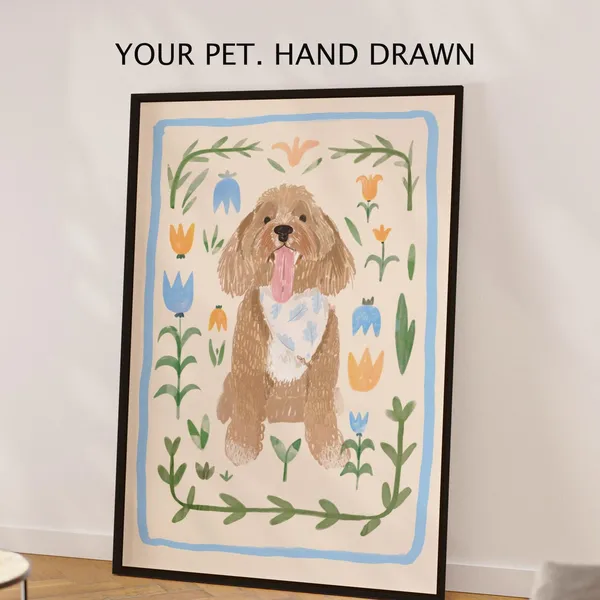 Custom Pet Portrait Dog Memorial Watercolor Floral Art