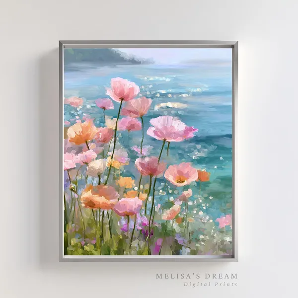 Coastal Pink Poppies and Wildflowers Art Print
