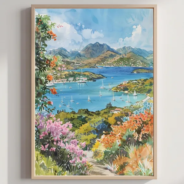 Island Of Antigua Caribbean Watercolor Travel Poster