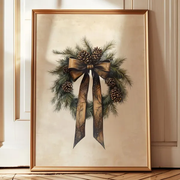 Rustic Christmas Wreath Art Print, Holiday Decor