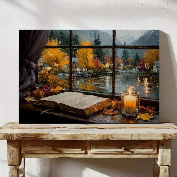 Cozy Autumn Rain Scene Art Print, Warm Fall Decor