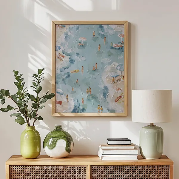Pastel Beach Day Art Print, Coastal Swimmers