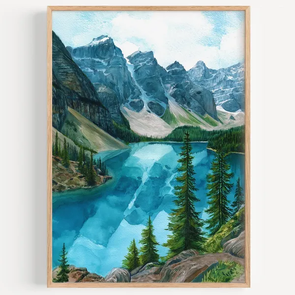 Moraine Lake Watercolor Painting Travel Poster, Canada