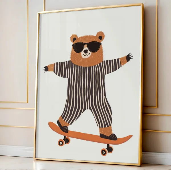 Skateboarding Bear Nursery Art Print, Kids Room Decor
